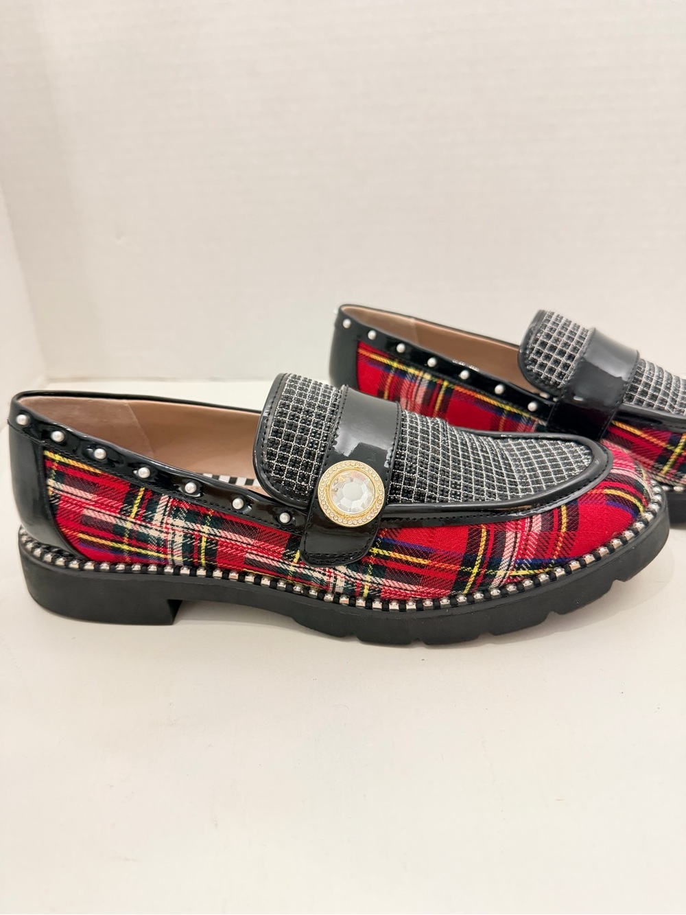 Betsy Johnson Red Plaid Loafers with Black Trim and rhinestones and pearl Studs